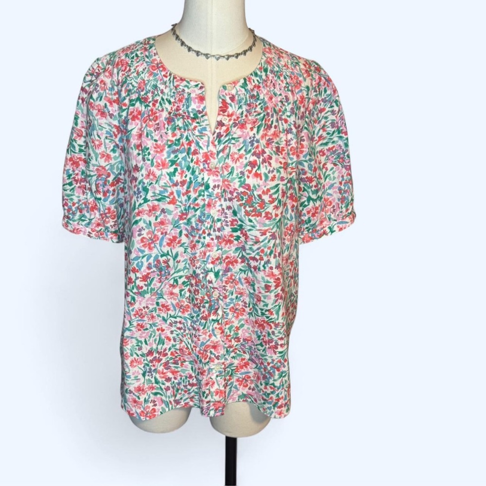 J. Crew Pink Green Floral Short-Sleeve Peasant Blouse. Button down